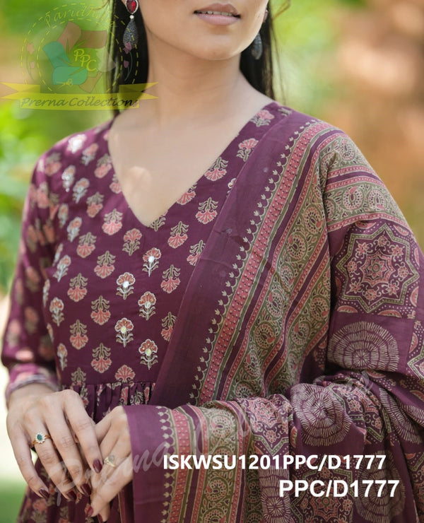 Block Printed Cotton Anarkali Kurti With Pant And Malmal Cotton Dupatta-ISKWSU1201PPC/D1777