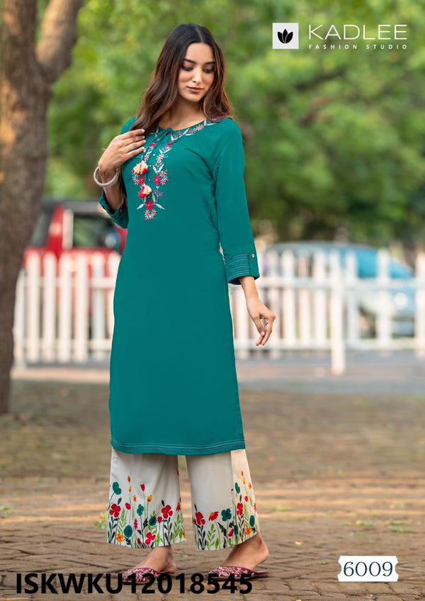 Embroidered Rayon Kurti With Printed Pant-ISKWKU12018545