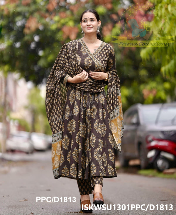 Ajrakh Printed Cotton Anarkali Kurti With Pant And Malmal Cotton Dupatta-ISKWSU1301PPC/D1813