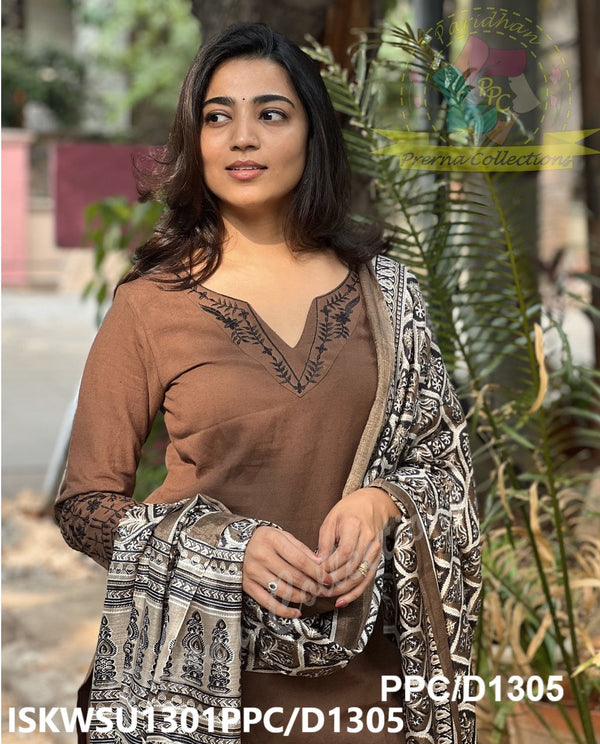 Embroidered Handloom Khadi Kurti With Pant And Digital Printed Khadi Silk Dupatta-ISKWSU1301PPC/D1305