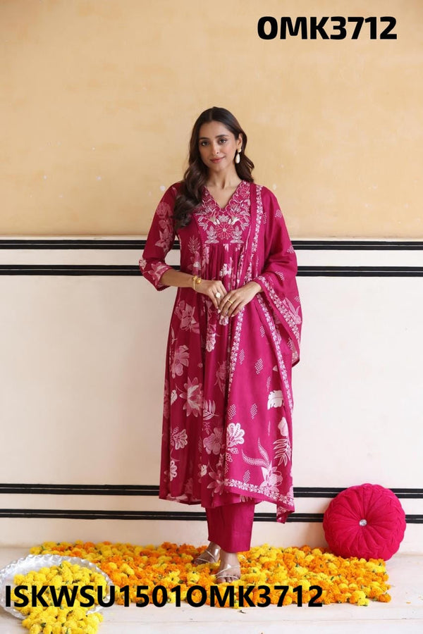 Digital Floral Printed Cotton Kurti With Pant And Chiffon Dupatta-ISKWSU1501OMK3712