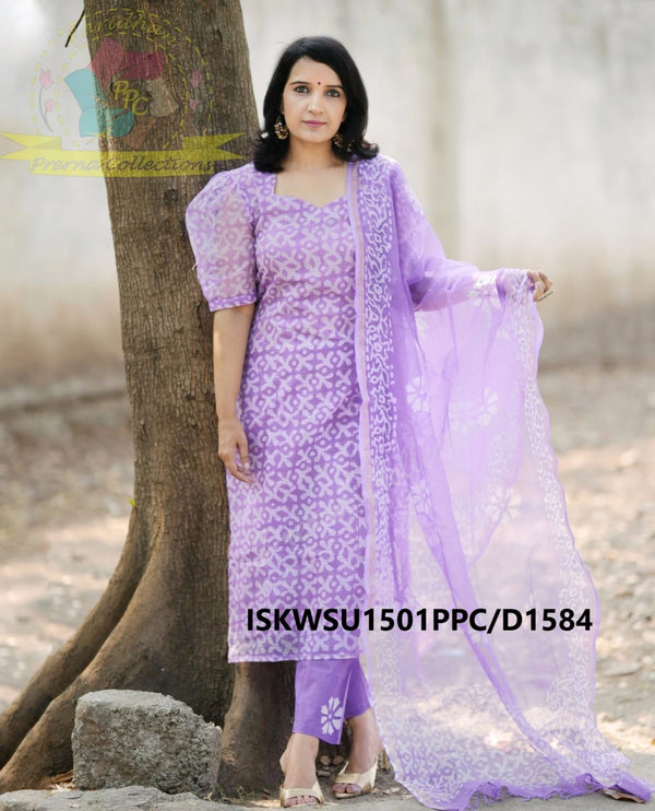 Hand Block Printed Kota Doriya Kurti With Cotton Pant And Dupatta-ISKWSU1501PPC/D1584