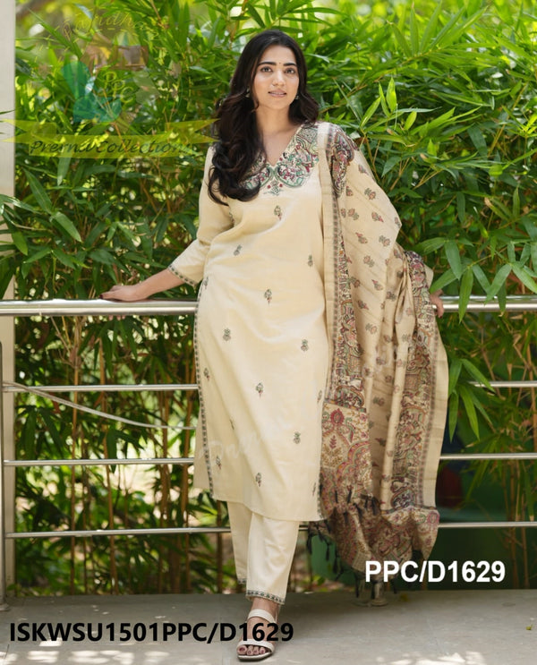 Handloom Cotton Kurti With Pant And Madhubani Printed Khadi Silk Dupatta-ISKWSU1501PPC/D1629