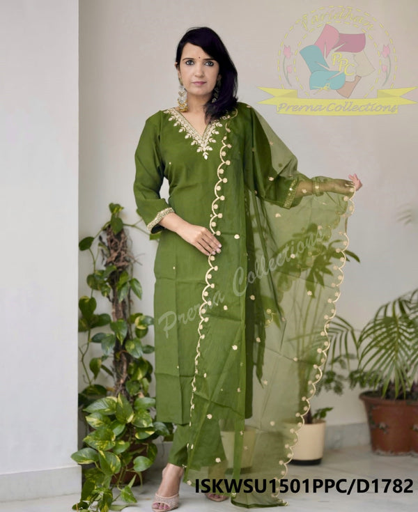 Embroidered Organza Kurti With Silk Pant And Dupatta-ISKWSU1501PPC/D1782