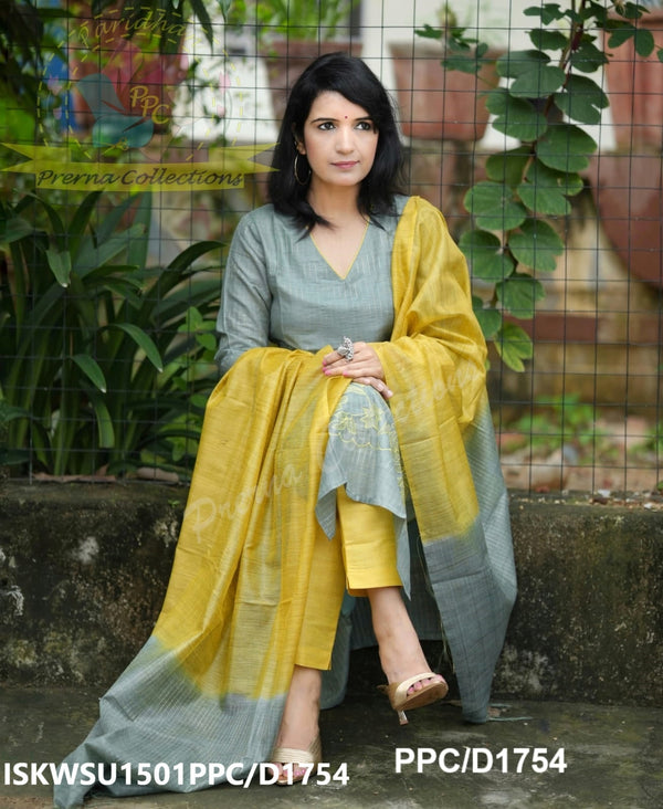 Handloom Weaved Cotton Silk Kurti With Pant And Dupatta-ISKWSU1501PPC/D1754