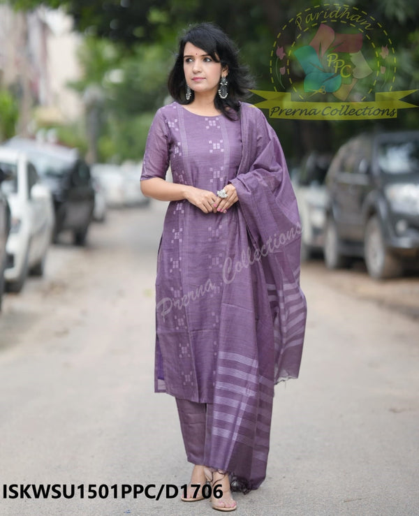 Handloom Weaved Cotton Silk Kurti With Pant And Dupatta-ISKWSU1501PPC/D1706