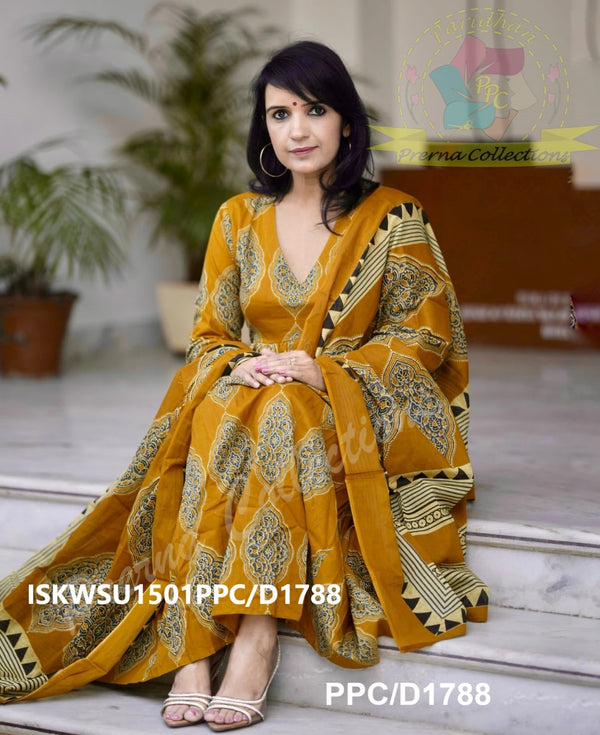 Ajrakh Printed Cotton Anarkali Kurti With Pant And Malmal Cotton Dupatta-ISKWSU1501PPC/D1788