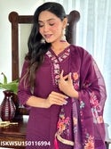 Embroidered Chanderi Kurti With Pant And Printed Silk Dupatta-ISKWSU150116994