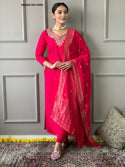 Embroidered Chanderi Kurti With pant And Jacquard Silk Dupatta-ISKWSU150116995