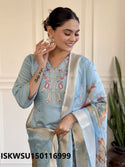 Embroidered Chanderi Kurti With Pant And Printed Silk Dupatta-ISKWSU150116999