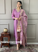 Embroidered Chanderi Kurti With Pant And Printed Jacquard Silk Dupatta-ISKWSU150116901