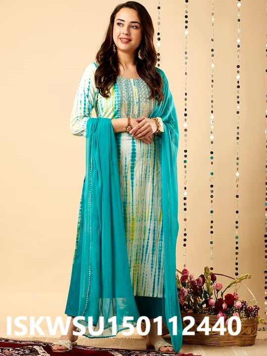 Tie And Dye Printed Rayon Kurti With Pant And Dupatta-ISKWSU150112440