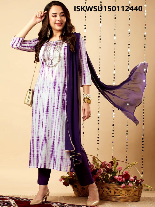 Tie And Dye Printed Rayon Kurti With Pant And Dupatta-ISKWSU150112440