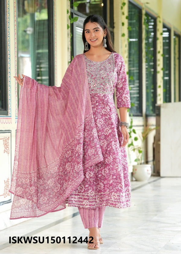 Floral Printed Cotton Anarkali Kurti With Stripe Printed Pant And Dupatta-ISKWSU150112442