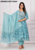 Floral Printed Cotton Anarkali Kurti With Stripe Printed Pant And Dupatta-ISKWSU150112444