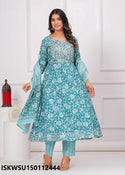 Floral Printed Cotton Anarkali Kurti With Stripe Printed Pant And Dupatta-ISKWSU150112444