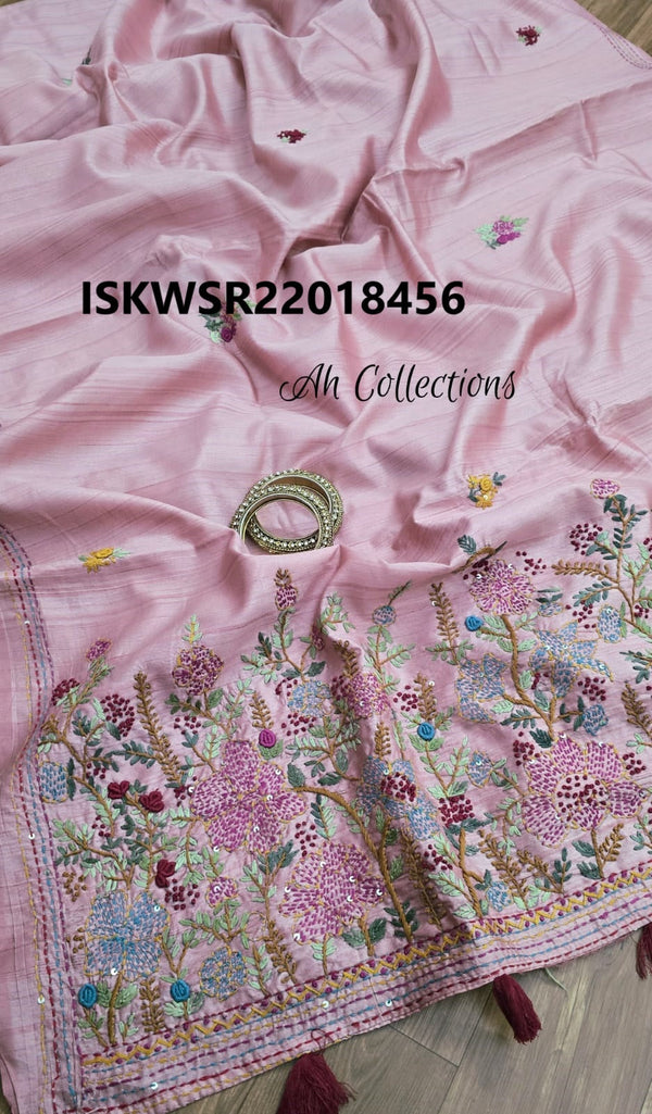 Embroidered Tussar Silk Saree With Blouse-ISKWSR22018456