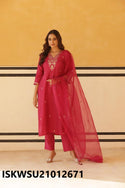 Embroidered Silk Kurti With Pant And Organza Dupatta-ISKWSU21012671