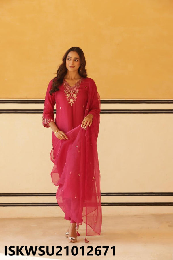 Embroidered Silk Kurti With Pant And Organza Dupatta-ISKWSU21012671