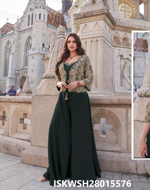 Silk Sharara And Crop Top And Embroidered Jacket-ISKWSH28015576