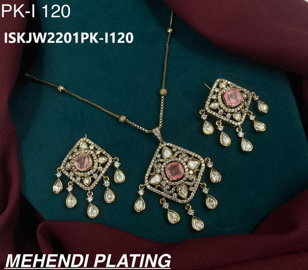 Pure Brass Real Mehendi Plating Kundan Set-ISKJW2201PK-I120