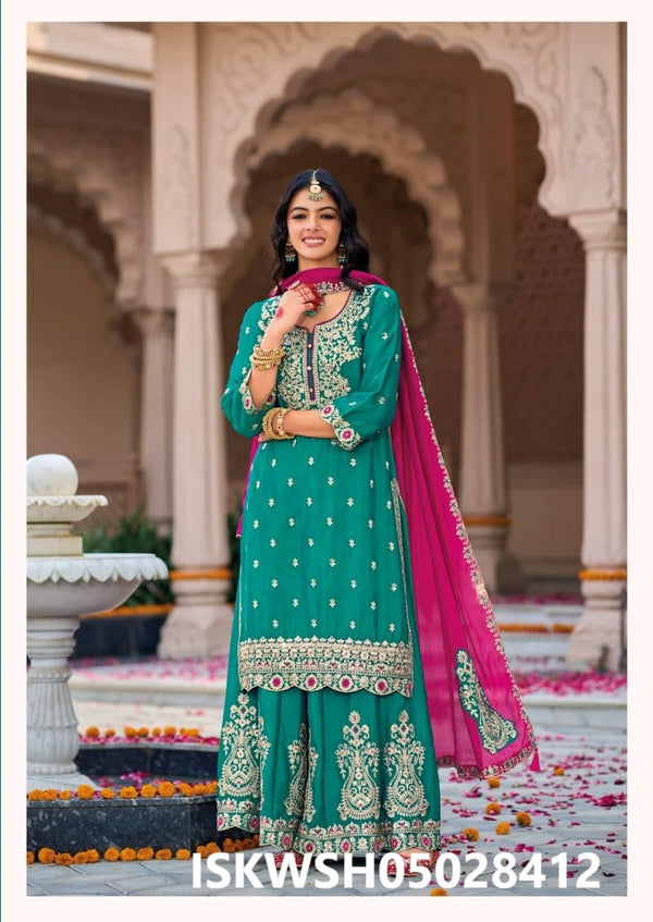 Embroidered Chinon Kurti With Sharara And Dupatta-ISKWSH05028412