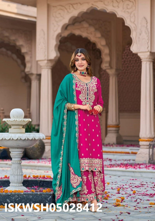 Embroidered Chinon Kurti With Sharara And Dupatta-ISKWSH05028412