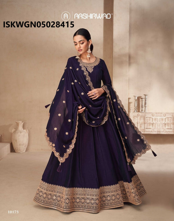 Embroidered Silk Gown With Dupatta-ISKWGN05028415