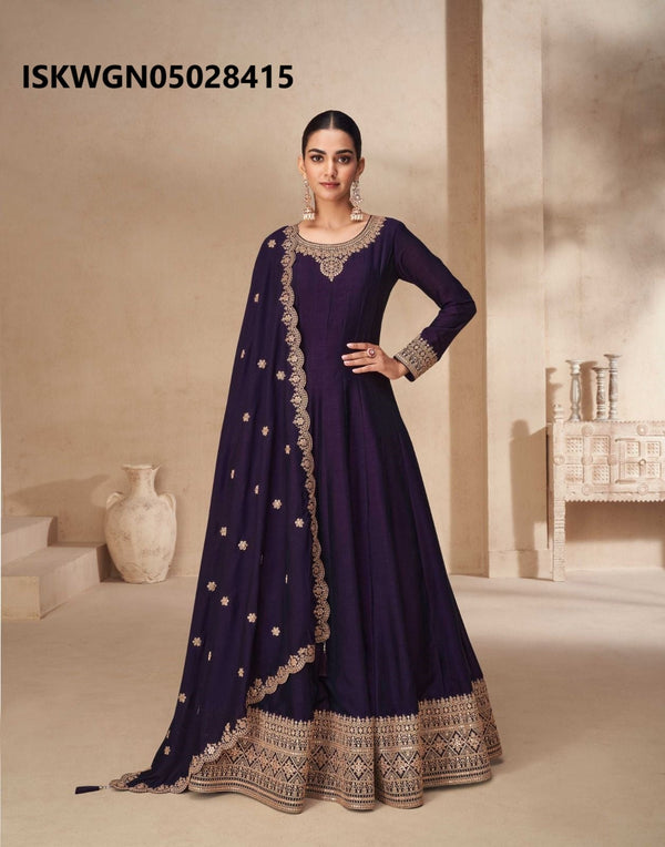 Embroidered Silk Gown With Dupatta-ISKWGN05028415