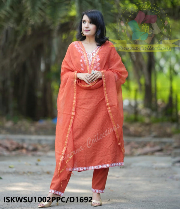 Embroidered Cotton Kurti With Pant And Kota Doriya Dupatta-ISKWSU1002PPC/D1692