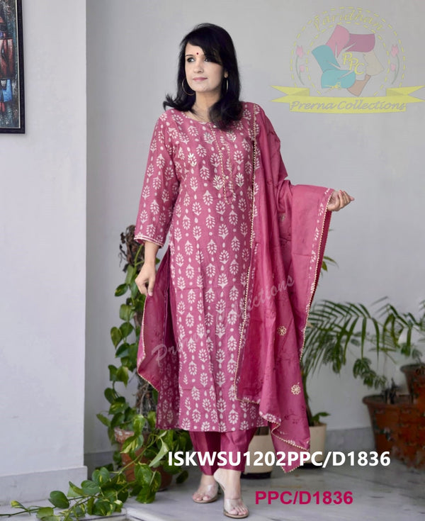 Hand Batik Printed Chanderi Kurti With Pant And Dupatta-ISKWSU1202PPC/D1836