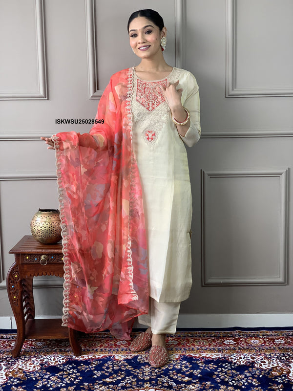 Embroidered Chanderi Kurti With Pant And Printed Silk Dupatta-ISKWSU25028549