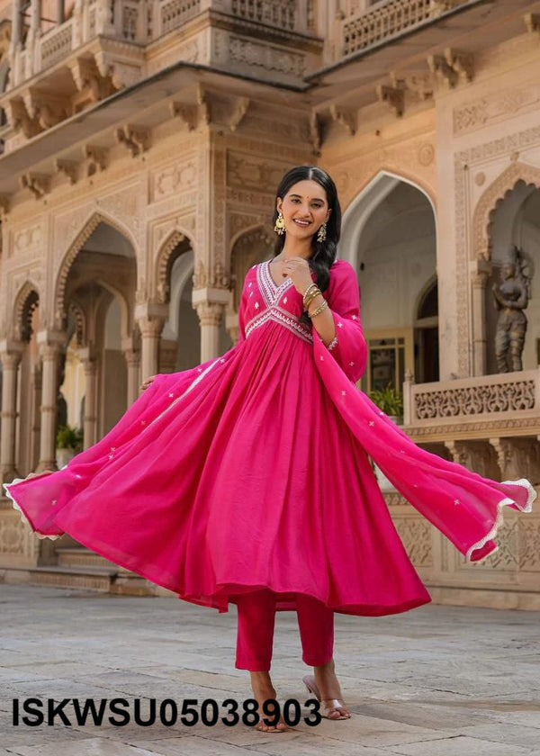 Embroidered Chanderi Silk Anarkali Kurti With Pant And Dupatta-ISKWSU05038903