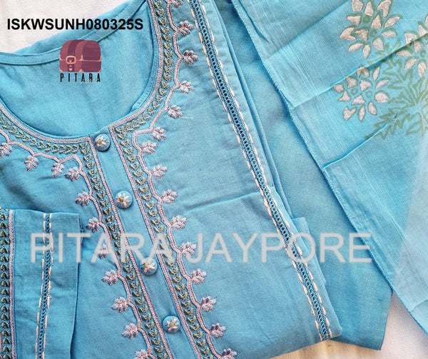Embroidered Linen Cotton Kurti With Cotton Pant And Block Printed Dupatta-ISKWSUNH080325S