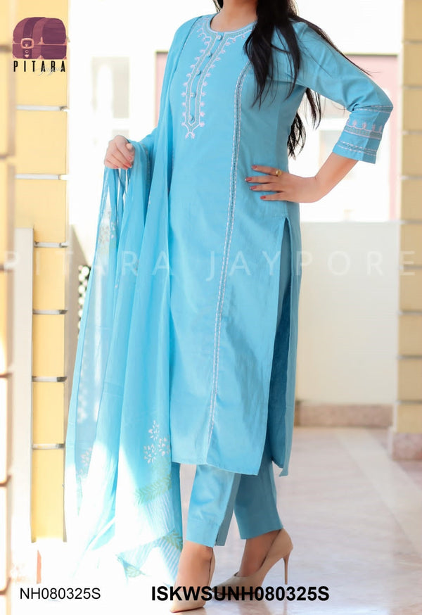 Embroidered Linen Cotton Kurti With Cotton Pant And Block Printed Dupatta-ISKWSUNH080325S