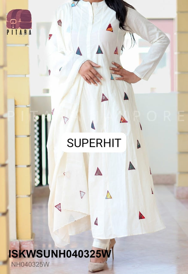 Embroidered Cotton Anarkali Kurti With Pant And Dupatta-ISKWSUNH040325W