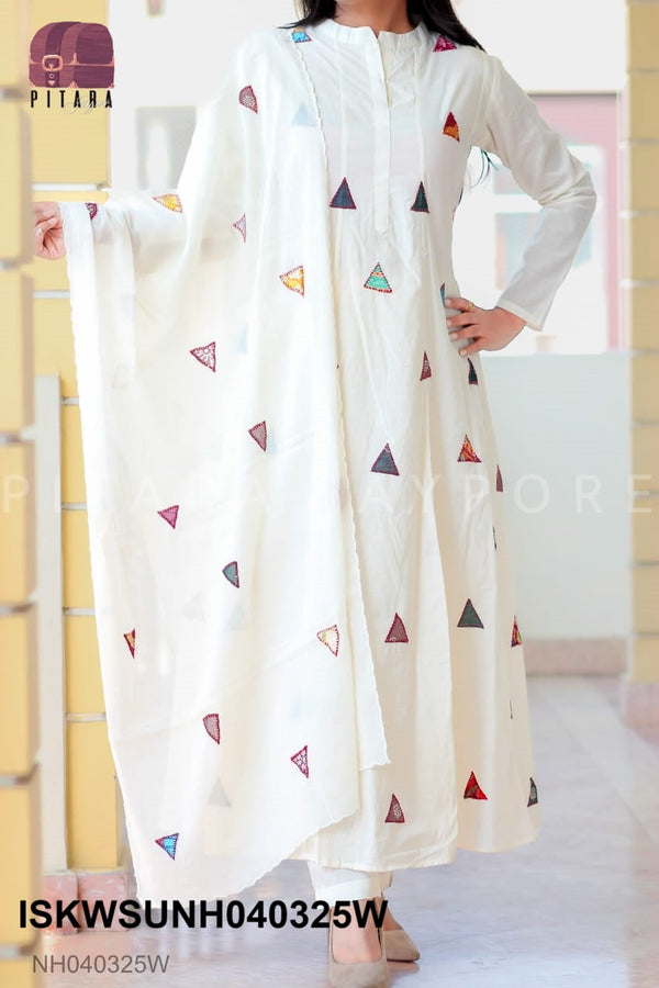 Embroidered Cotton Anarkali Kurti With Pant And Dupatta-ISKWSUNH040325W