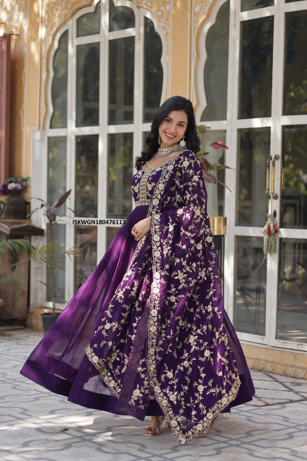 Embroidered Georgette Gown With Dupatta-ISKWGN180476113