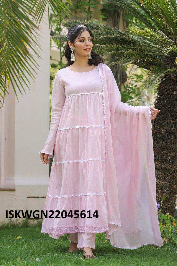 Sequined Malmal Cotton Gown With Dupatta-ISKWGN22045614