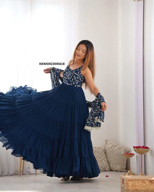Embroidered Georgette Gown With Dupatta-ISKWGN22045618