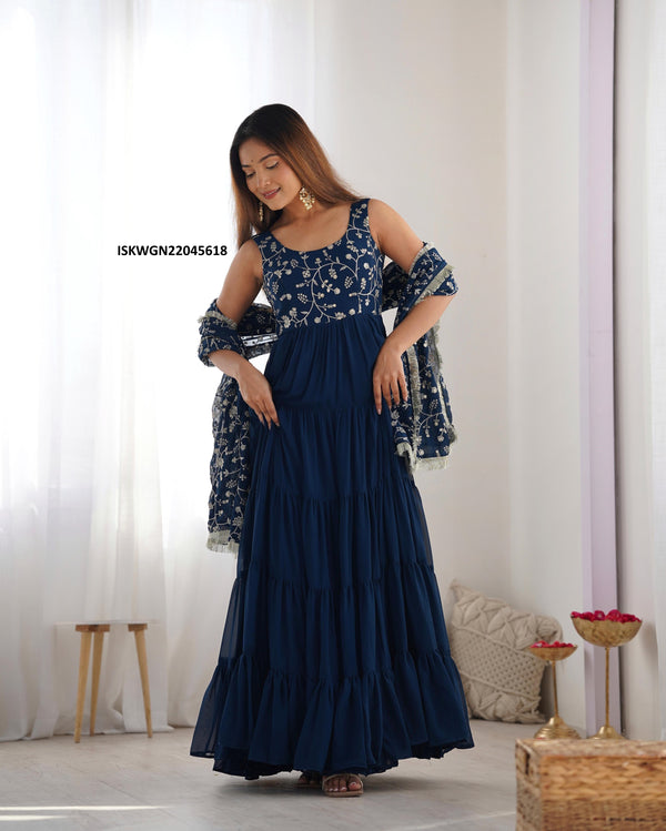Embroidered Georgette Gown With Dupatta-ISKWGN22045618