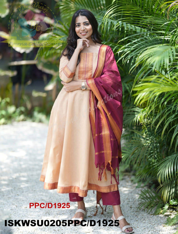 Handloom Cotton Anarkali Kurti With Pant And Cotton Dupatta-ISKWSU0205PPC/D1925