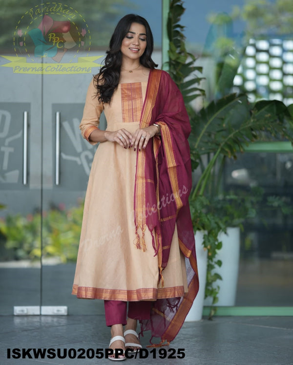 Handloom Cotton Anarkali Kurti With Pant And Cotton Dupatta-ISKWSU0205PPC/D1925