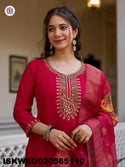 Embroidered Silk Kurti With Pant And Printed Dupatta-ISKWSU020565110