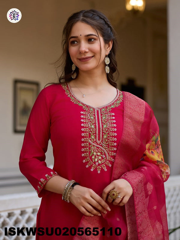 Embroidered Silk Kurti With Pant And Printed Dupatta-ISKWSU020565110