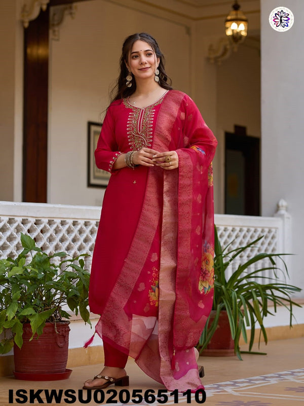 Embroidered Silk Kurti With Pant And Printed Dupatta-ISKWSU020565110