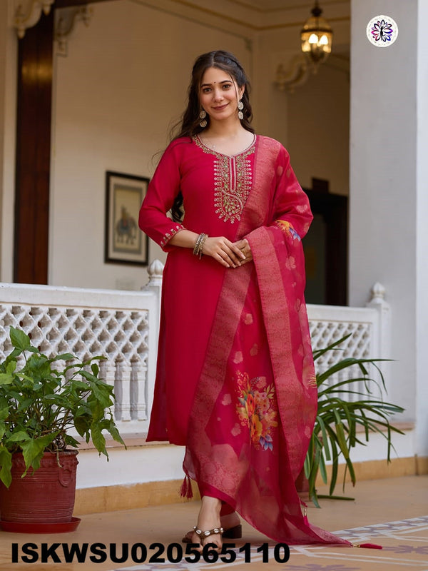 Embroidered Silk Kurti With Pant And Printed Dupatta-ISKWSU020565110