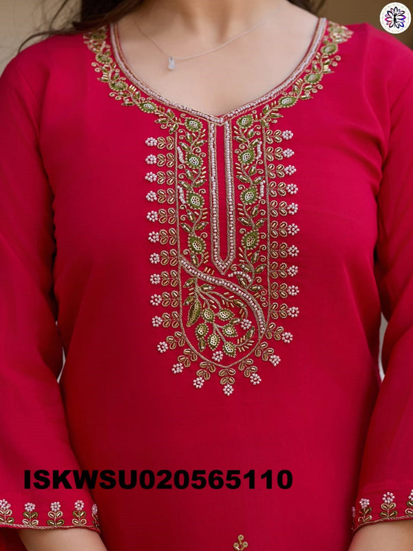 Embroidered Silk Kurti With Pant And Printed Dupatta-ISKWSU020565110