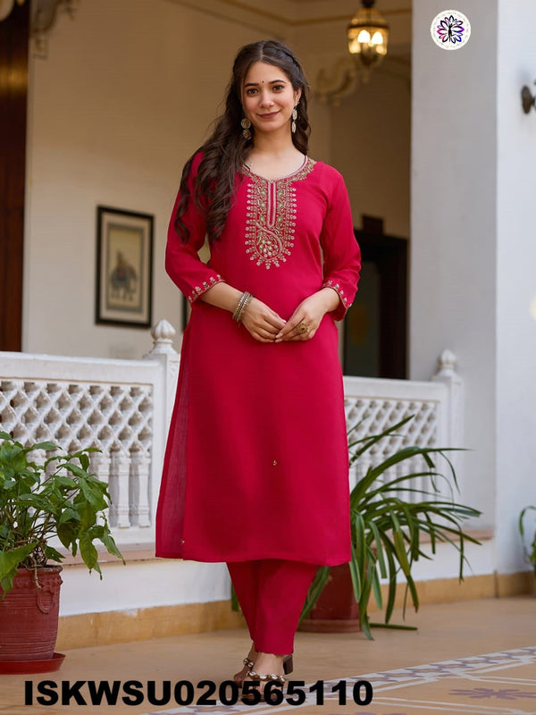 Embroidered Silk Kurti With Pant And Printed Dupatta-ISKWSU020565110