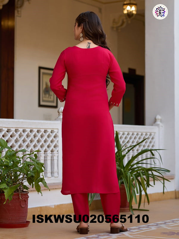 Embroidered Silk Kurti With Pant And Printed Dupatta-ISKWSU020565110